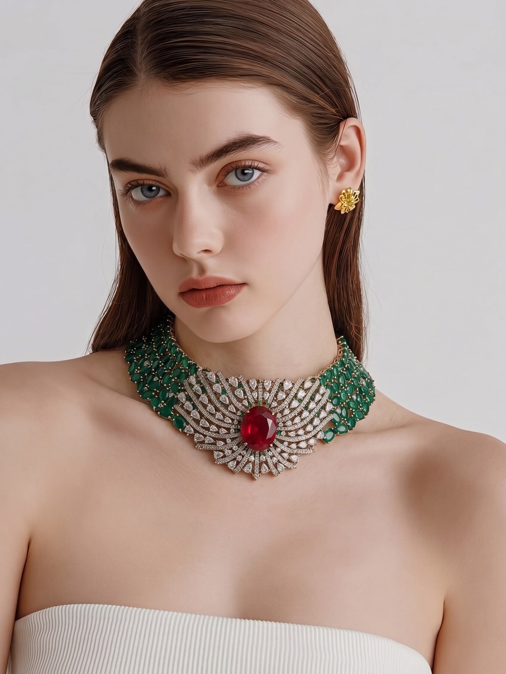 Lux Emerald and Ruby tone Statement Choker Necklace set